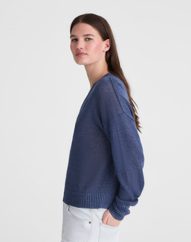 Deep V-Neck Sweater in 100% Linen PETROL NAVY