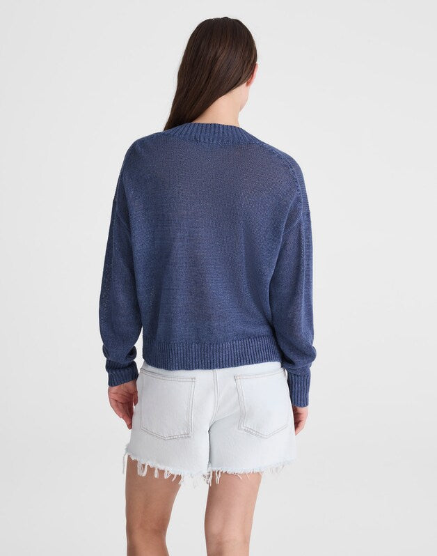 Deep V-Neck Sweater in 100% Linen PETROL NAVY