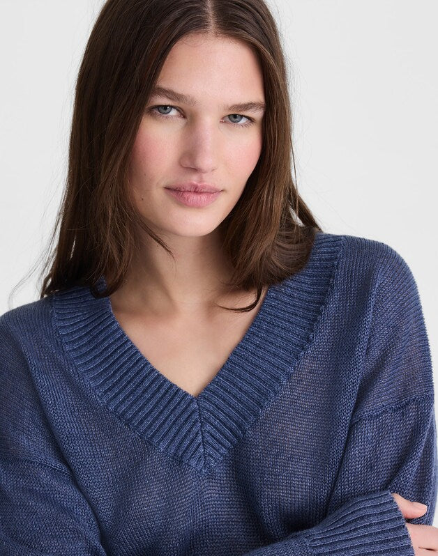 Deep V-Neck Sweater in 100% Linen PETROL NAVY