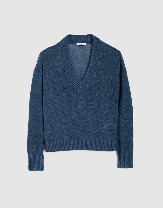 Deep V-Neck Sweater in 100% Linen PETROL NAVY