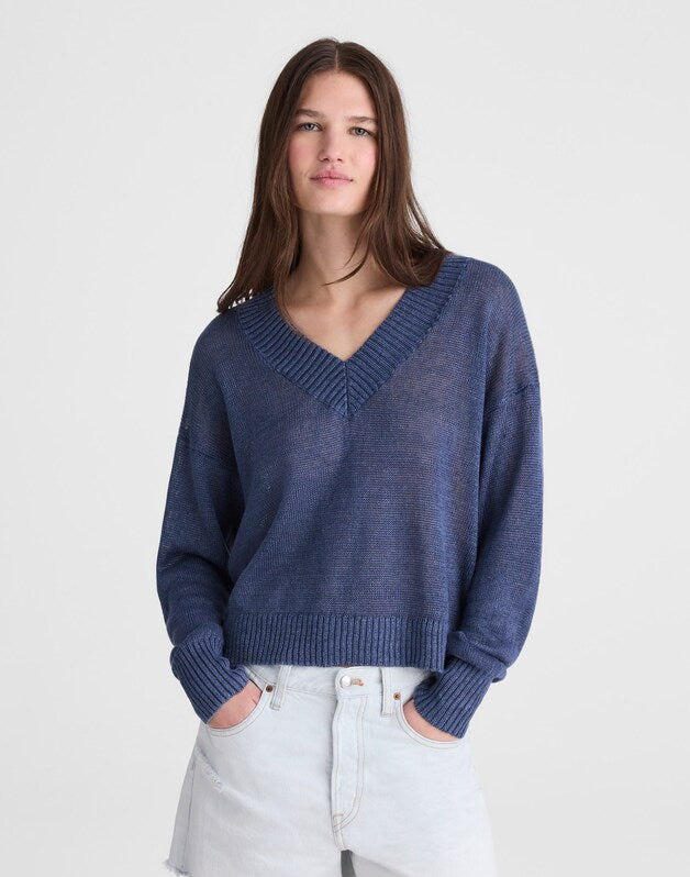 Deep V-Neck Sweater in 100% Linen PETROL NAVY