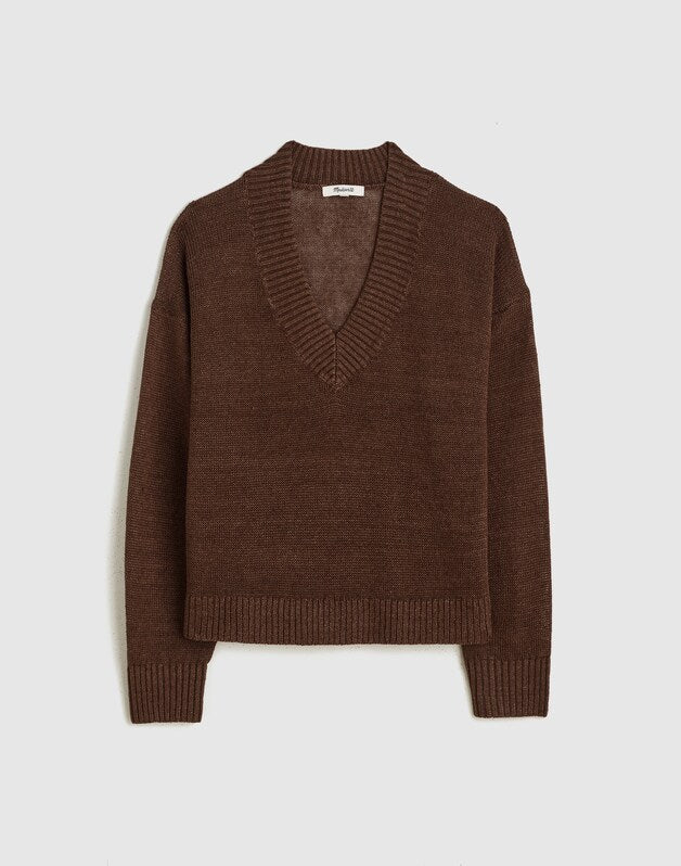 Deep V-Neck Sweater in 100% Linen HTHR BARK