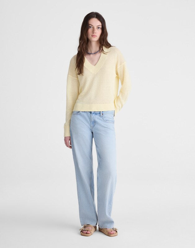 Deep V-Neck Sweater in 100% Linen SHEER PINEAPPLE