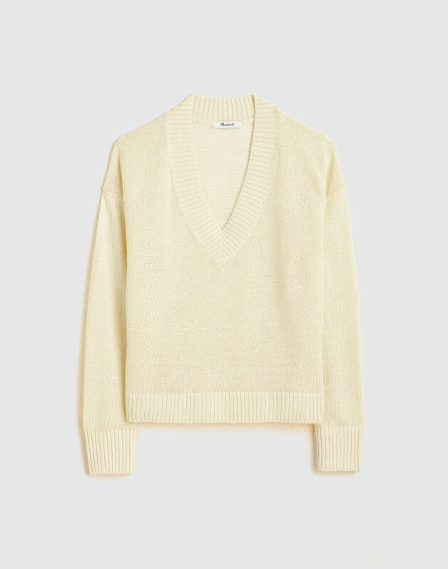 Deep V-Neck Sweater in 100% Linen SHEER PINEAPPLE
