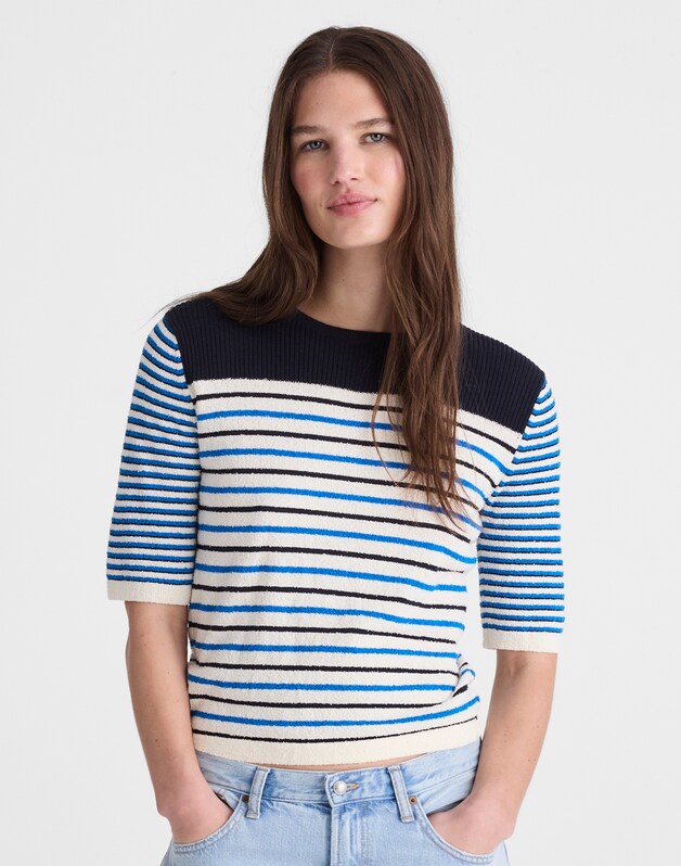Boucl&eacute;-Knit Sweater Tee RETRO BLUE MINI STRIPE