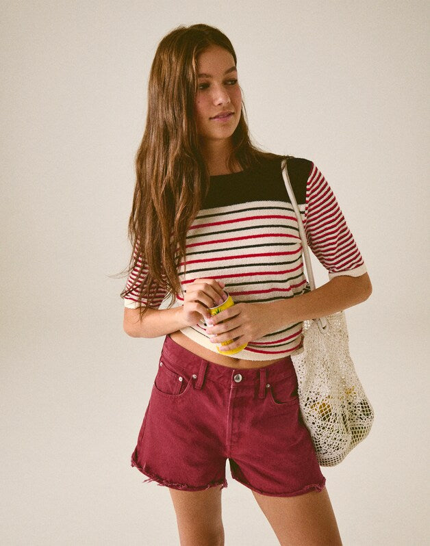 Boucl&eacute;-Knit Sweater Tee RED AND NAVY MULTI STRIPE