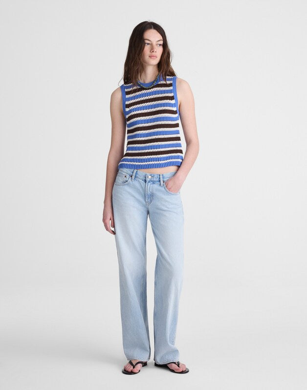 Open-Stitch Sweater Tank in 100% Cotton RETRO BLUE AND BROWN STRIPE