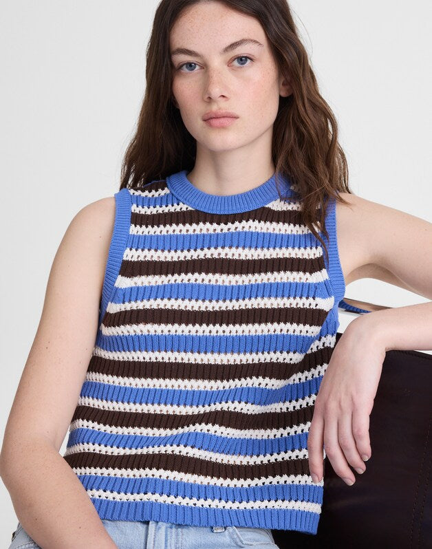 Open-Stitch Sweater Tank in 100% Cotton RETRO BLUE AND BROWN STRIPE
