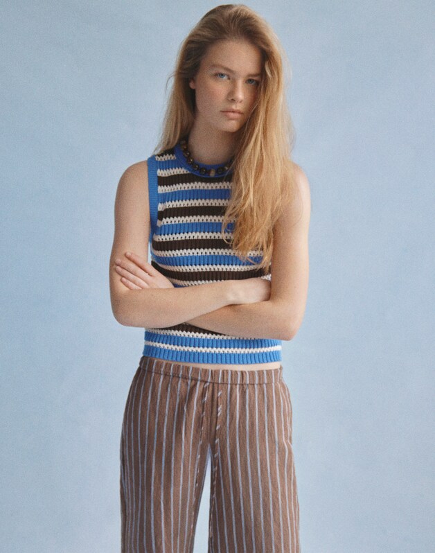 Open-Stitch Sweater Tank in 100% Cotton RETRO BLUE AND BROWN STRIPE