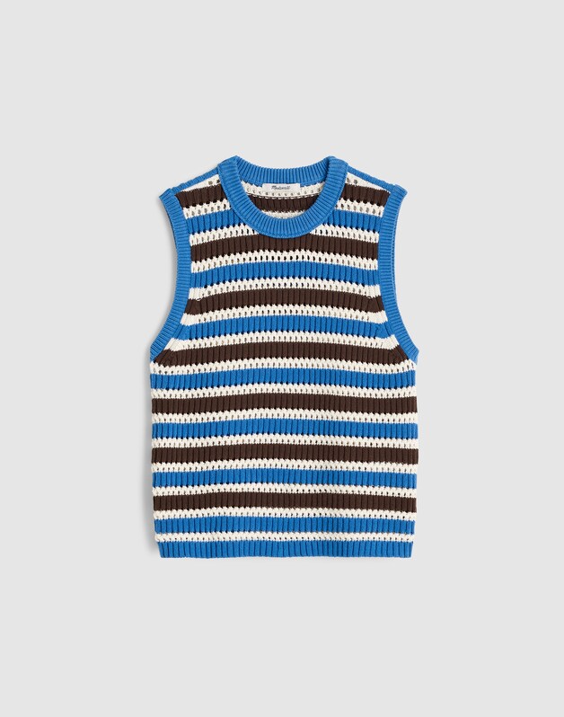 Open-Stitch Sweater Tank in 100% Cotton RETRO BLUE AND BROWN STRIPE