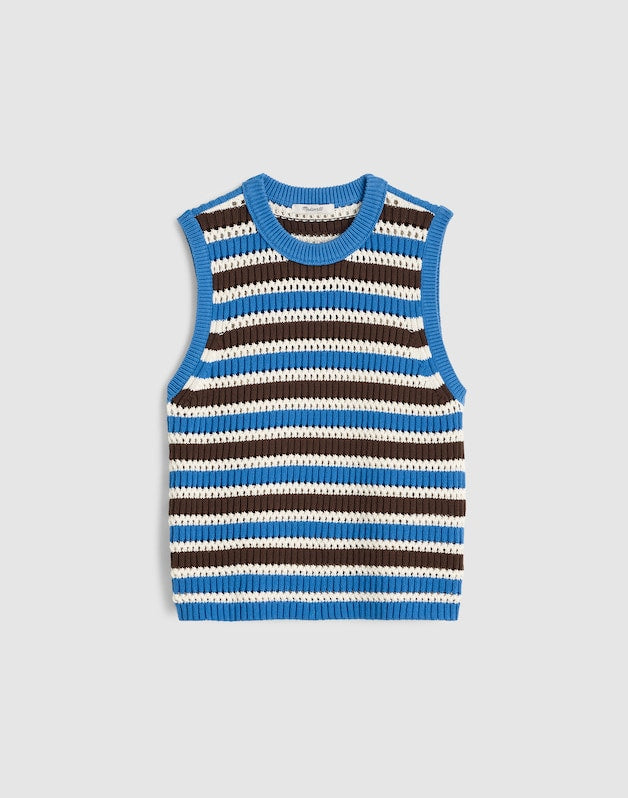 Open-Stitch Sweater Tank in 100% Cotton RETRO BLUE AND BROWN STRIPE