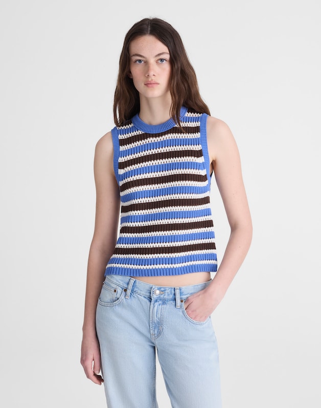 Open-Stitch Sweater Tank in 100% Cotton RETRO BLUE AND BROWN STRIPE