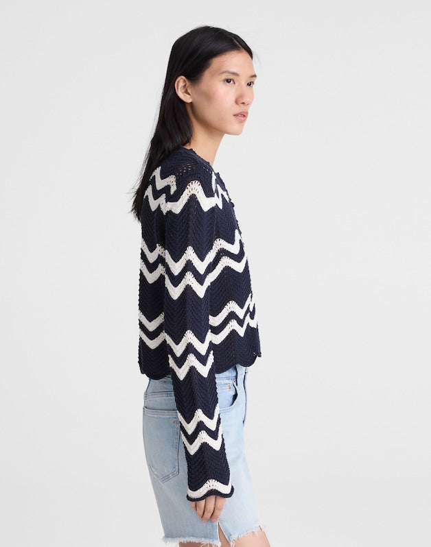 Wavy-Knit Cardigan NAVY AND IVORY WAVY STRIPE