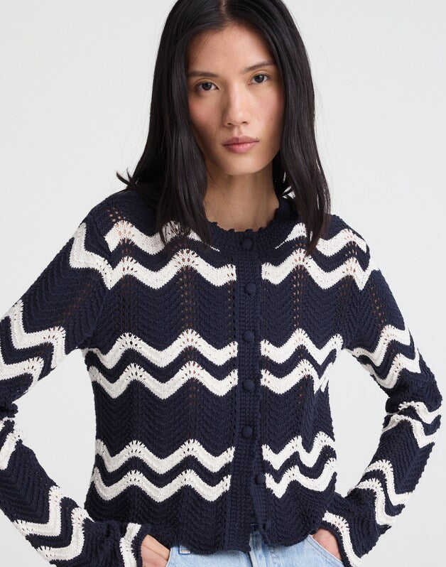Wavy-Knit Cardigan NAVY AND IVORY WAVY STRIPE