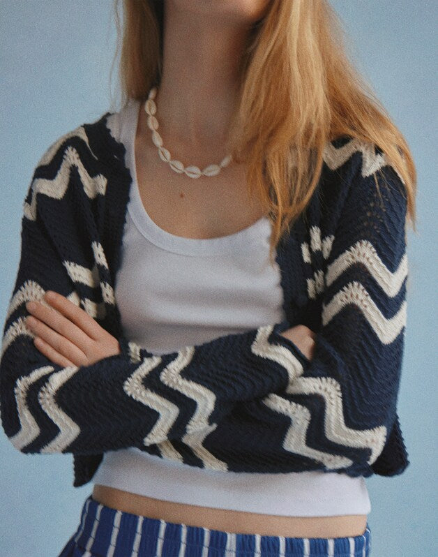 Wavy-Knit Cardigan NAVY AND IVORY WAVY STRIPE