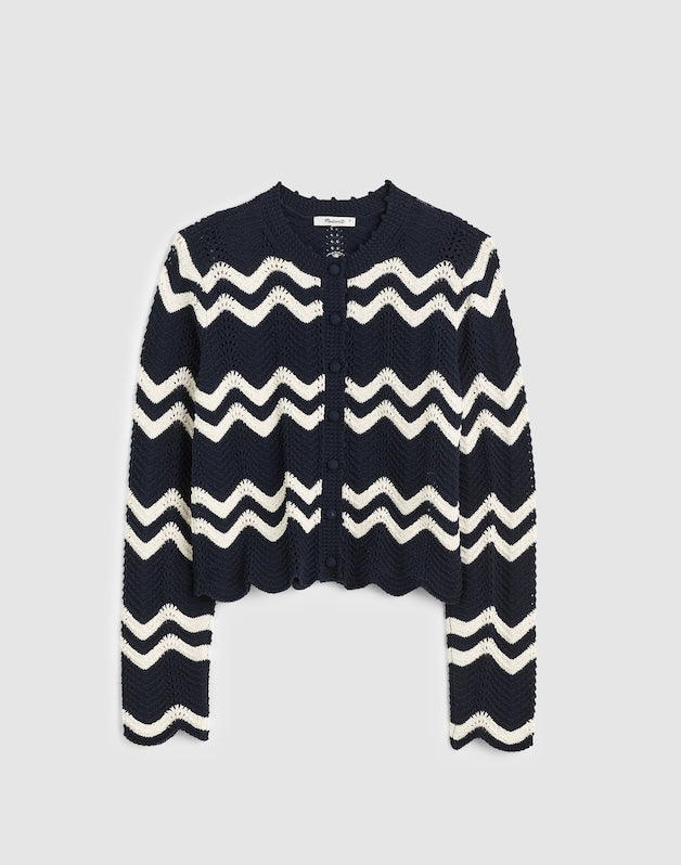 Wavy-Knit Cardigan NAVY AND IVORY WAVY STRIPE