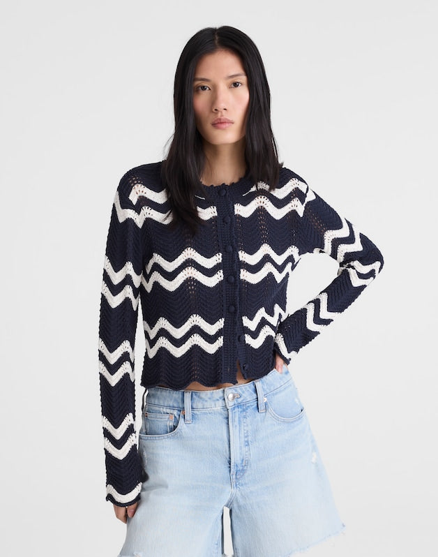 Wavy-Knit Cardigan NAVY AND IVORY WAVY STRIPE