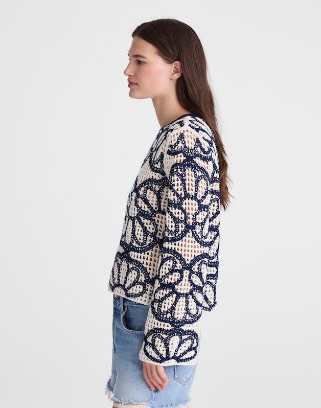 Floral-Embroidered Open-Stitch Sweater NAVY FLORAL EMBROIDERY