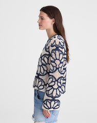Floral-Embroidered Open-Stitch Sweater NAVY FLORAL EMBROIDERY