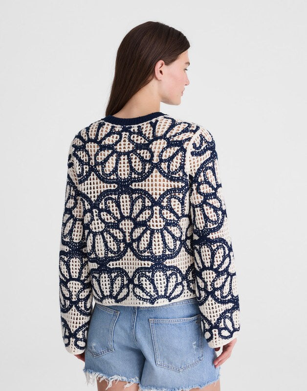 Floral-Embroidered Open-Stitch Sweater NAVY FLORAL EMBROIDERY