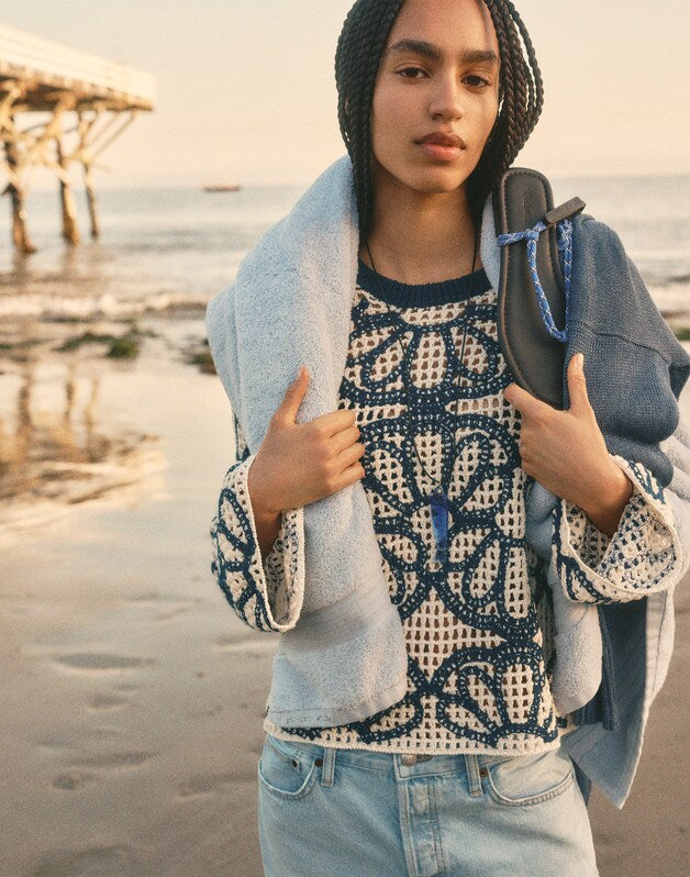 Floral-Embroidered Open-Stitch Sweater NAVY FLORAL EMBROIDERY