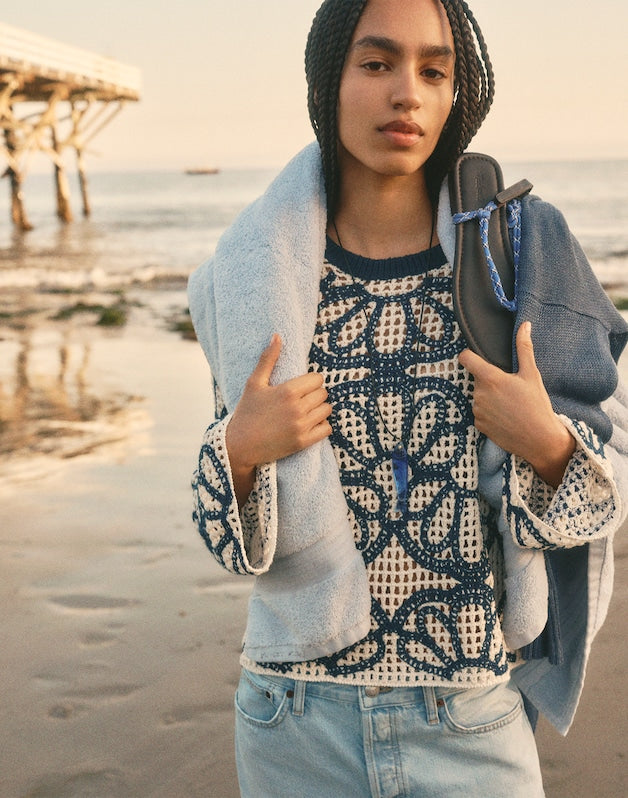 Floral-Embroidered Open-Stitch Sweater NAVY FLORAL EMBROIDERY