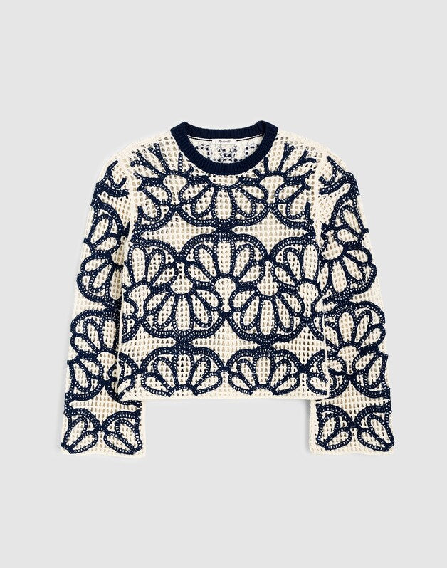 Floral-Embroidered Open-Stitch Sweater NAVY FLORAL EMBROIDERY