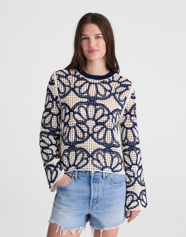 Floral-Embroidered Open-Stitch Sweater NAVY FLORAL EMBROIDERY