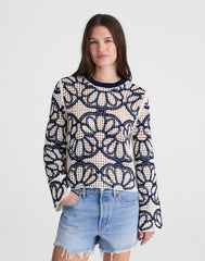 Floral-Embroidered Open-Stitch Sweater NAVY FLORAL EMBROIDERY