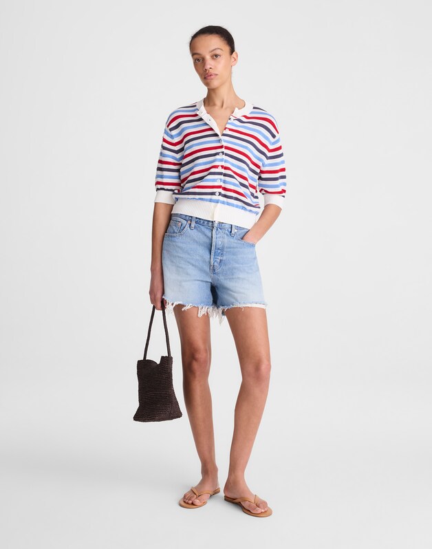 Textured Short-Sleeve Cardigan in 100% Cotton IVORY POP COLOR MULTI STRIPE