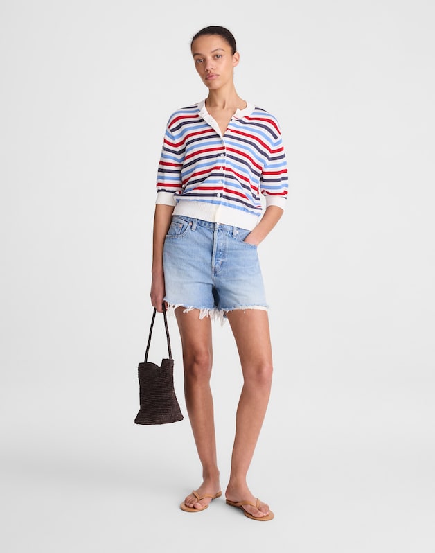 Textured Short-Sleeve Cardigan in 100% Cotton IVORY POP COLOR MULTI STRIPE