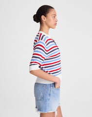 Textured Short-Sleeve Cardigan in 100% Cotton IVORY POP COLOR MULTI STRIPE