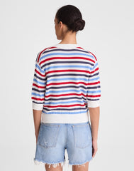 Textured Short-Sleeve Cardigan in 100% Cotton IVORY POP COLOR MULTI STRIPE