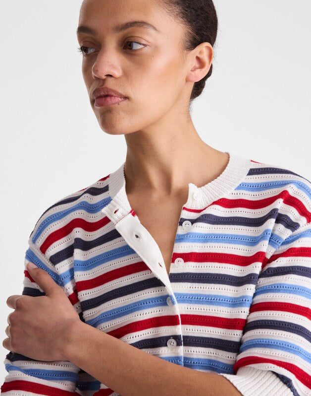 Textured Short-Sleeve Cardigan in 100% Cotton IVORY POP COLOR MULTI STRIPE