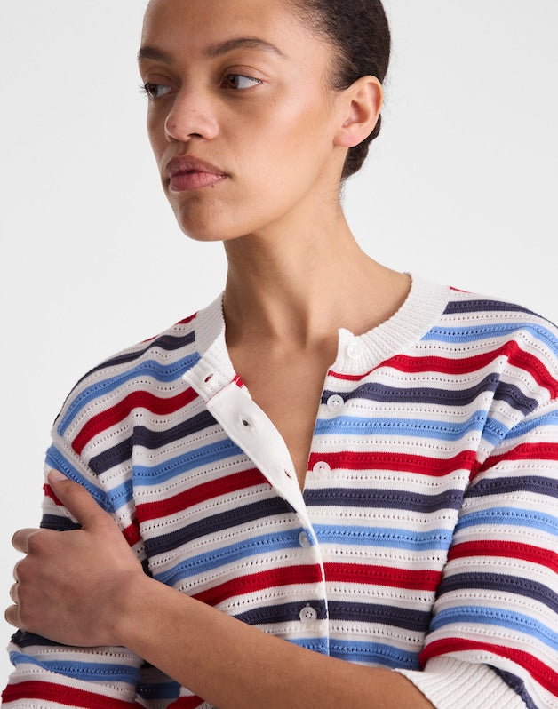 Textured Short-Sleeve Cardigan in 100% Cotton IVORY POP COLOR MULTI STRIPE