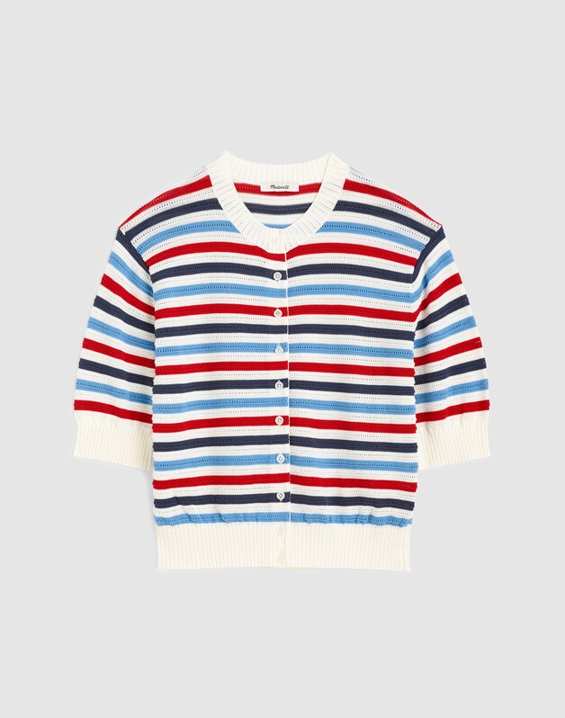 Textured Short-Sleeve Cardigan in 100% Cotton IVORY POP COLOR MULTI STRIPE