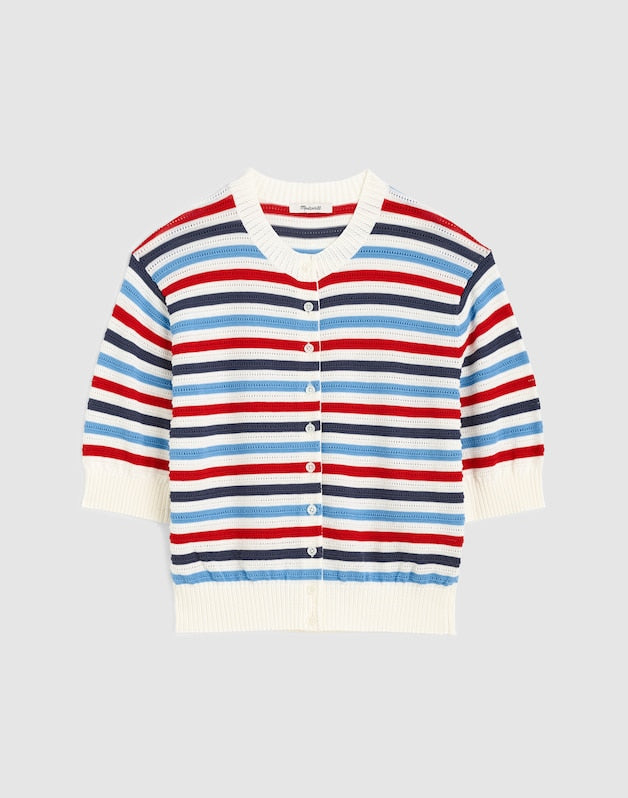 Textured Short-Sleeve Cardigan in 100% Cotton IVORY POP COLOR MULTI STRIPE