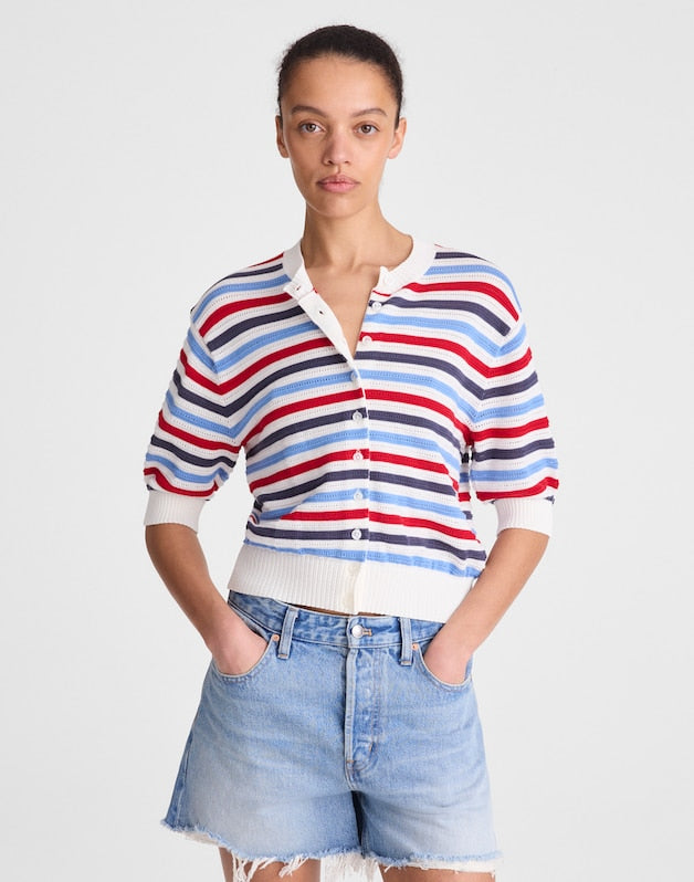 Textured Short-Sleeve Cardigan in 100% Cotton IVORY POP COLOR MULTI STRIPE
