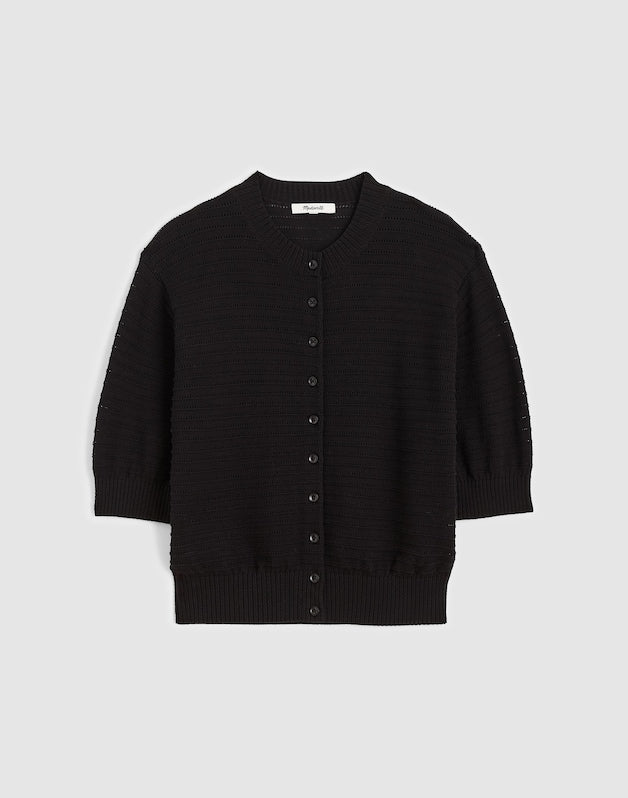 Textured Short-Sleeve Cardigan in 100% Cotton JET BLACK