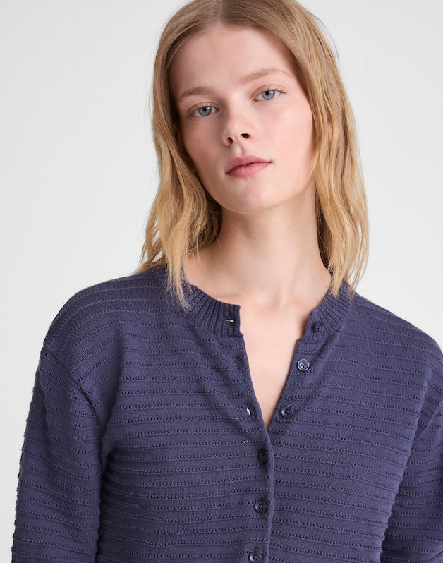 Textured Short-Sleeve Cardigan in 100% Cotton PETROL NAVY
