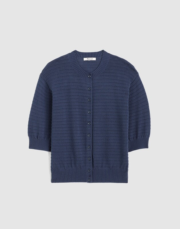 Textured Short-Sleeve Cardigan in 100% Cotton PETROL NAVY