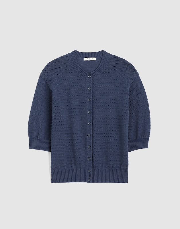 Textured Short-Sleeve Cardigan in 100% Cotton PETROL NAVY