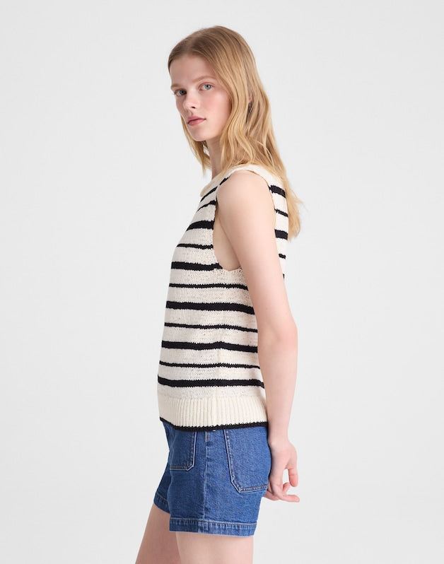 Boatneck Sweater Tank IVORY AND BLACK STRIPE