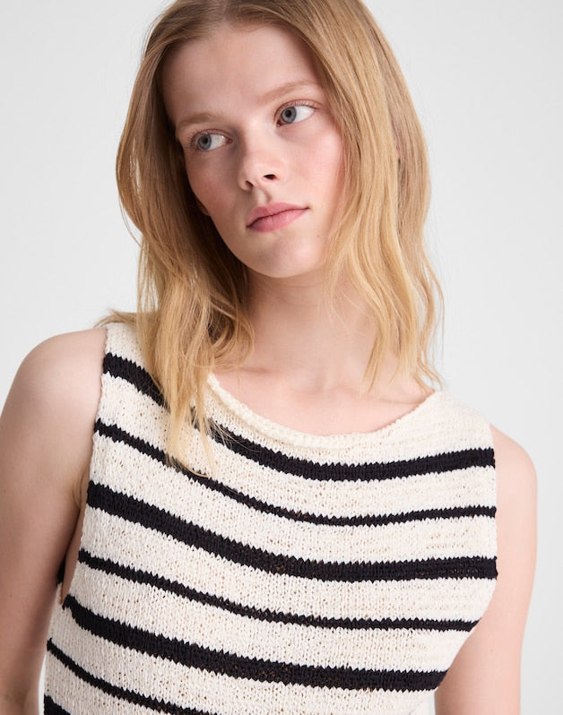 Boatneck Sweater Tank IVORY AND BLACK STRIPE