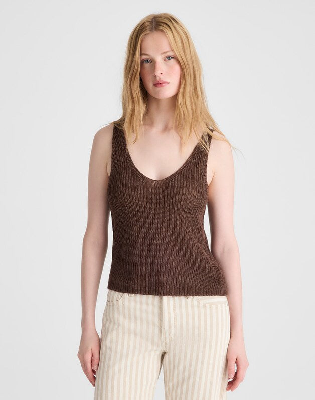 V-Neck Sweater Tank in 100% Linen HTHR BARK