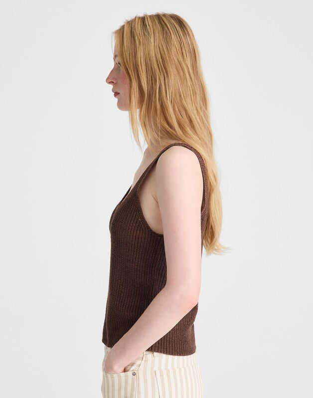 V-Neck Sweater Tank in 100% Linen HTHR BARK