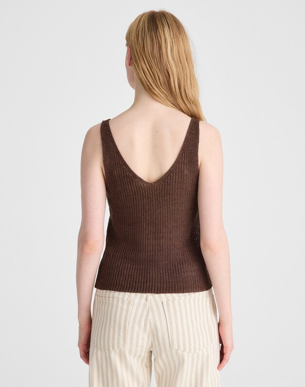 V-Neck Sweater Tank in 100% Linen HTHR BARK