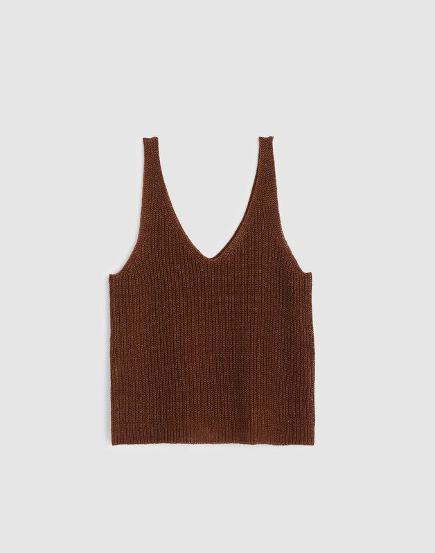 V-Neck Sweater Tank in 100% Linen HTHR BARK