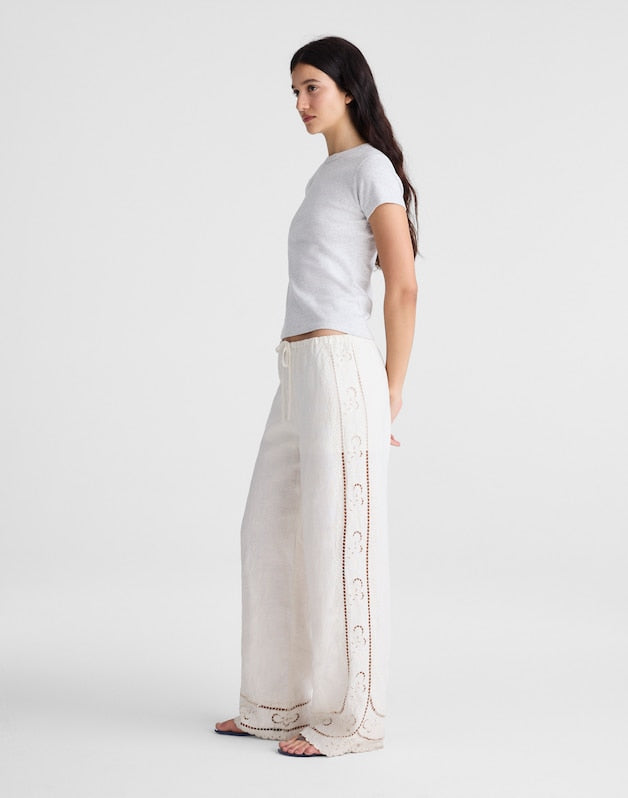Eyelet Drawstring Pants in 100% Linen IVORY LINEN