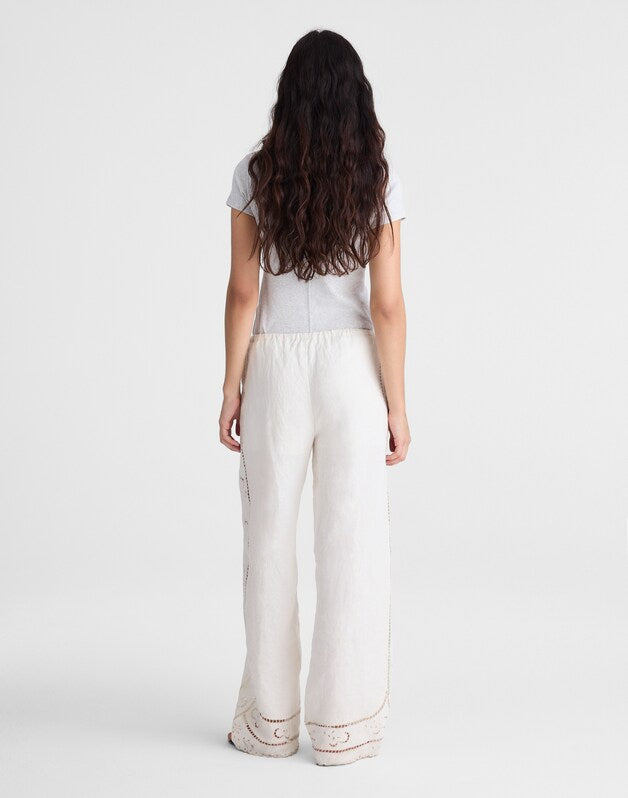 Eyelet Drawstring Pants in 100% Linen IVORY LINEN